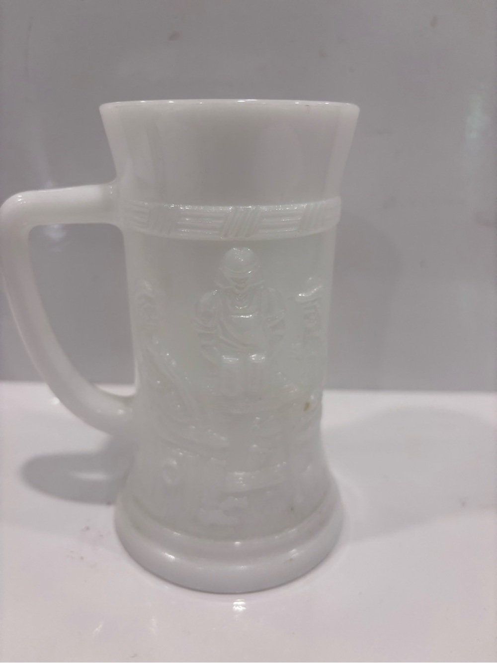 Vintage 1950s Federal Glass White Milk Glass Beer Stein Tavern Scene Pattern